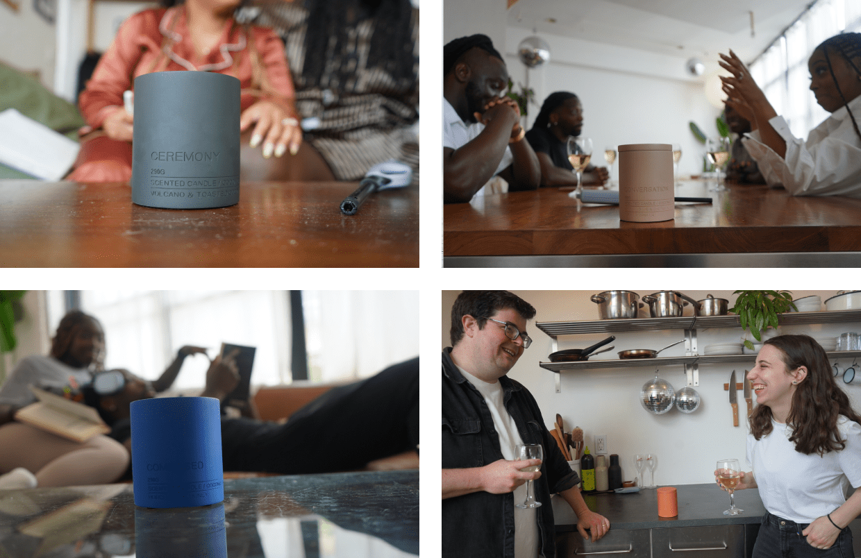 People interacting with smart speakers in a kitchen setting.